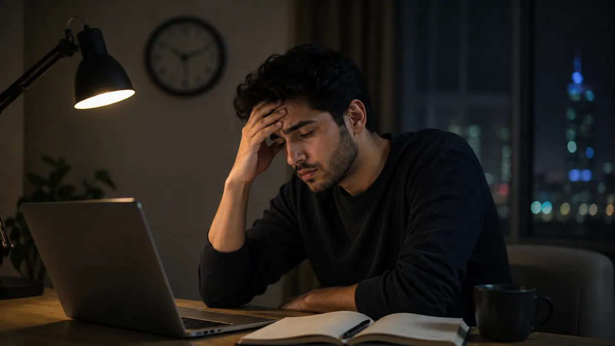 شاب مرهق أمام حاسوب ودفتر مفتوح ليلاً، يضع يده على جبينه بسبب السهر والذاكرة والتركيز