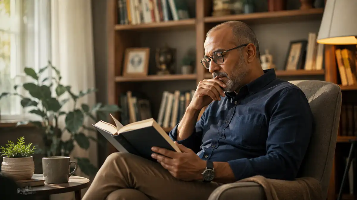 رجل كبير يقرأ كتابًا في مكتبة منزلية هادئة بإضاءة دافئة تعكس أثر القراءة اليومية على التفكير
