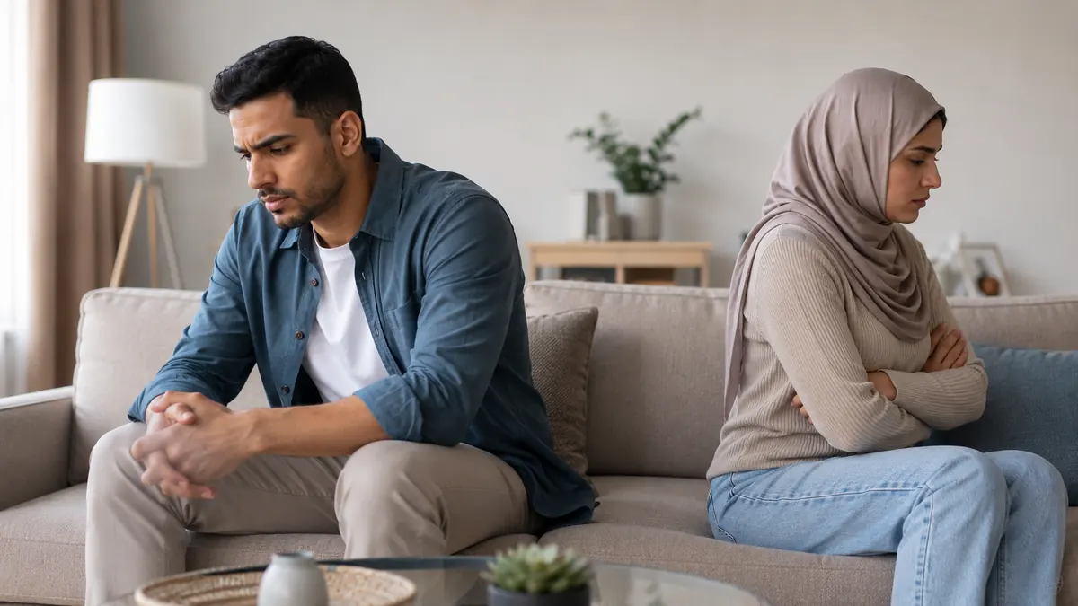 زوجان يجلسان متباعدين على أريكة في لحظة صمت وتوتر تعكس تكرار المشاكل بين الأزواج