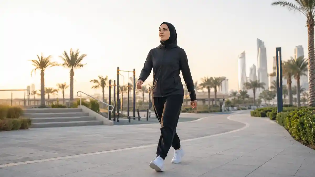 امرأة تمشي بثبات في ممشى حضري صباحي مع معدات رياضية بالخلفية لتعبر عن المشي اليومي