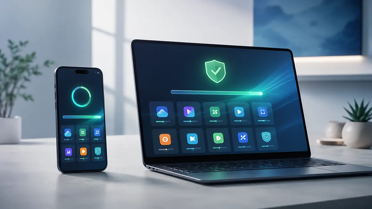 هاتف وحاسوب محمول يعرضان مؤشرات تحديث وحماية رقمية توضح أثر تحديث التطبيقات في الأمان وتحسين الأداء