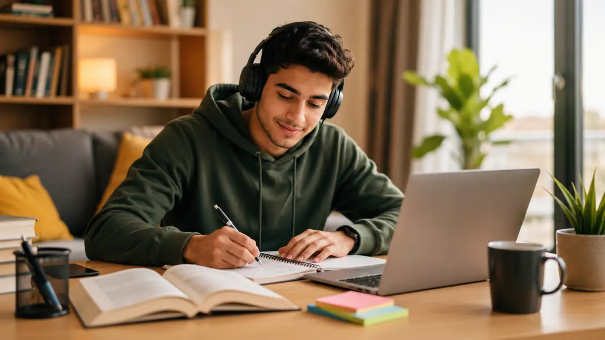 شاب يدرس في المنزل بسماعات وحاسوب ودفتر وسط أجواء هادئة لتطوير اللغة الإنجليزية بدون معهد