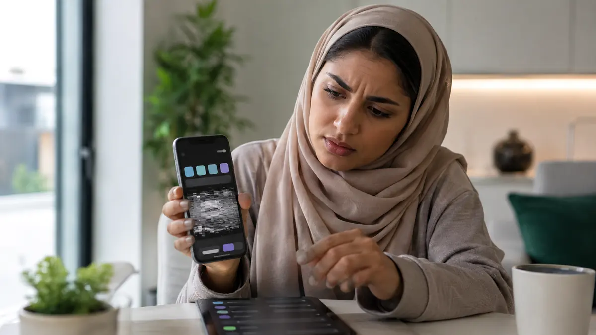 امرأة تفحص هاتفًا يعرض تطبيقًا متجمّدًا على شاشة مشوشة أثناء محاولة حل توقف التطبيقات بعد التحديث