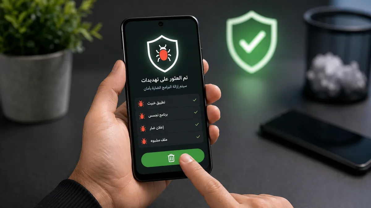 هاتف ذكي يعرض فحصًا أمنيًا وقائمة تهديدات مع زر حذف أخضر لتوضيح حذف البرامج الضارة من الهاتف بأمان