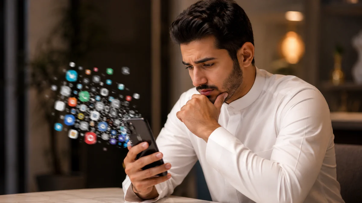 رجل يمسك هاتفًا وتتناثر حوله رموز تطبيقات ضبابية تعكس فكرة حذف التطبيقات نهائيًا