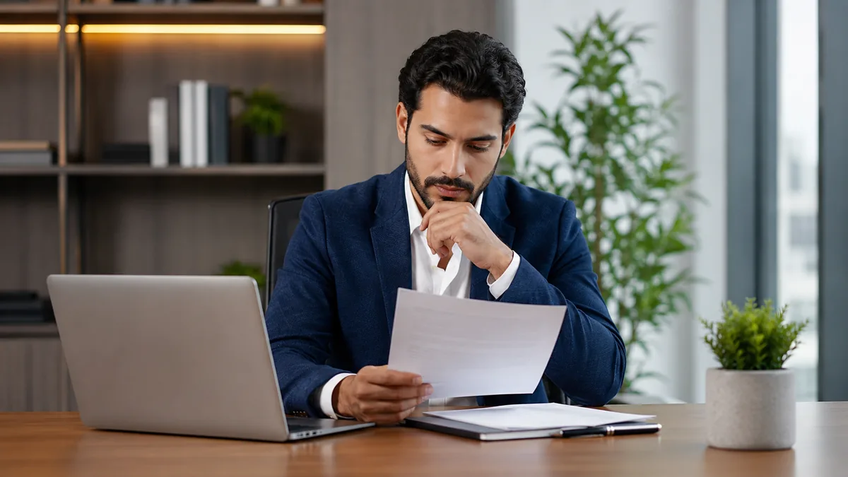رجل يراجع مستندًا على مكتب حديث بجانب حاسوب ونباتات في مشهد عملي يوضح حقوق عقد العمل