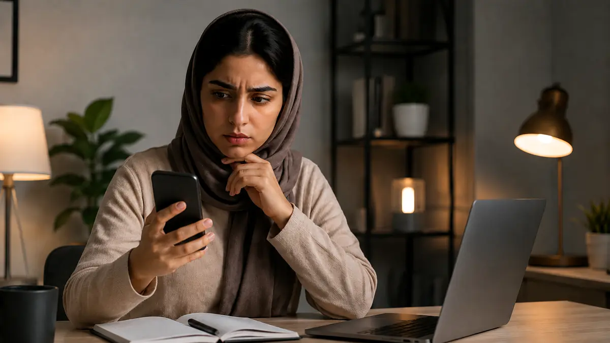 امرأة تنظر بقلق إلى هاتفها أثناء مكالمة مجهولة بجوار حاسوب محمول، في مشهد يوضح خطر سرقة الحساب بالرد على المكالمة
