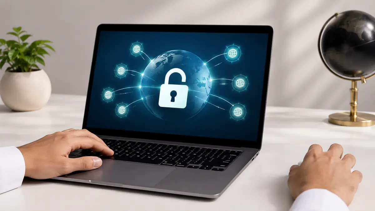 حاسوب محمول يعرض قفلاً مفتوحاً وشبكة إنترنت عالمية مع يدين تستخدمانه لفتح المواقع المحجوبة بدون برامج