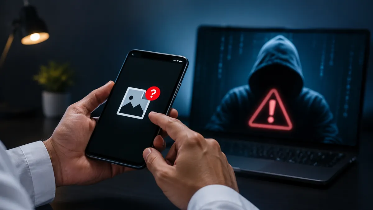 يدان تمسكان هاتفًا يعرض ملف صورة مشبوهًا، وخلفه حاسوب بإشارة خطر رقمية توضح احتمال فتح صورة مجهولة