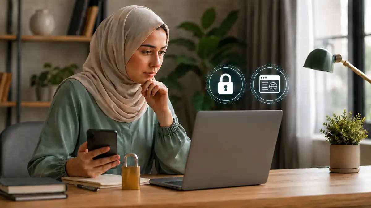 امرأة تفحص موقعًا عبر حاسوب محمول، مع رمزي قفل وتصفح رقميين يوضحان كيفية معرفة أن الموقع آمن