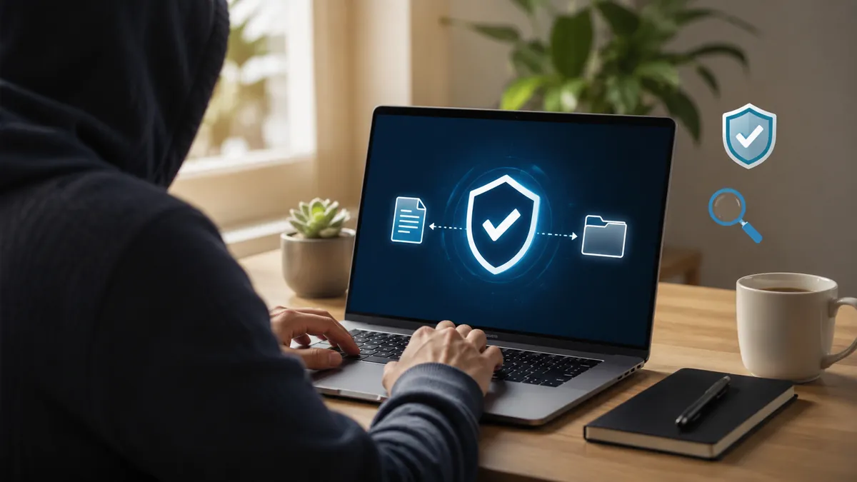 شخص يجلس من الخلف أمام حاسوب يعرض رموز فحص وحماية رقمية للتحقق من سلامة الملف قبل التنزيل