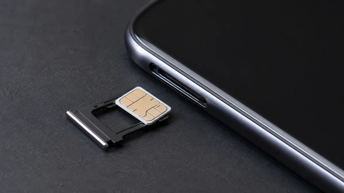 هاتف ذكي بجانبه درج شريحة وبطاقة SIM خارجية على سطح داكن، في مشهد يوضح عدم تعرف الهاتف على الشريحة
