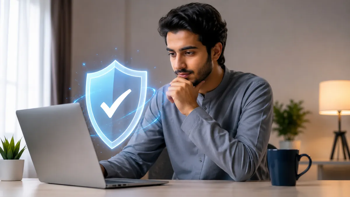 رجل يستخدم حاسوبًا محمولًا مع درع حماية رقمي مضيء يرمز إلى الأمان ومضاد فيروسات ويندوز