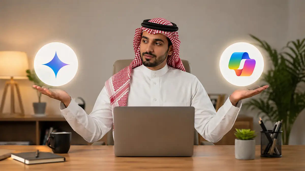 رجل بزي خليجي يجلس خلف حاسوب محمول ويرفع يديه نحو رمزي Gemini وCopilot في مشهد مقارنة تقنية.