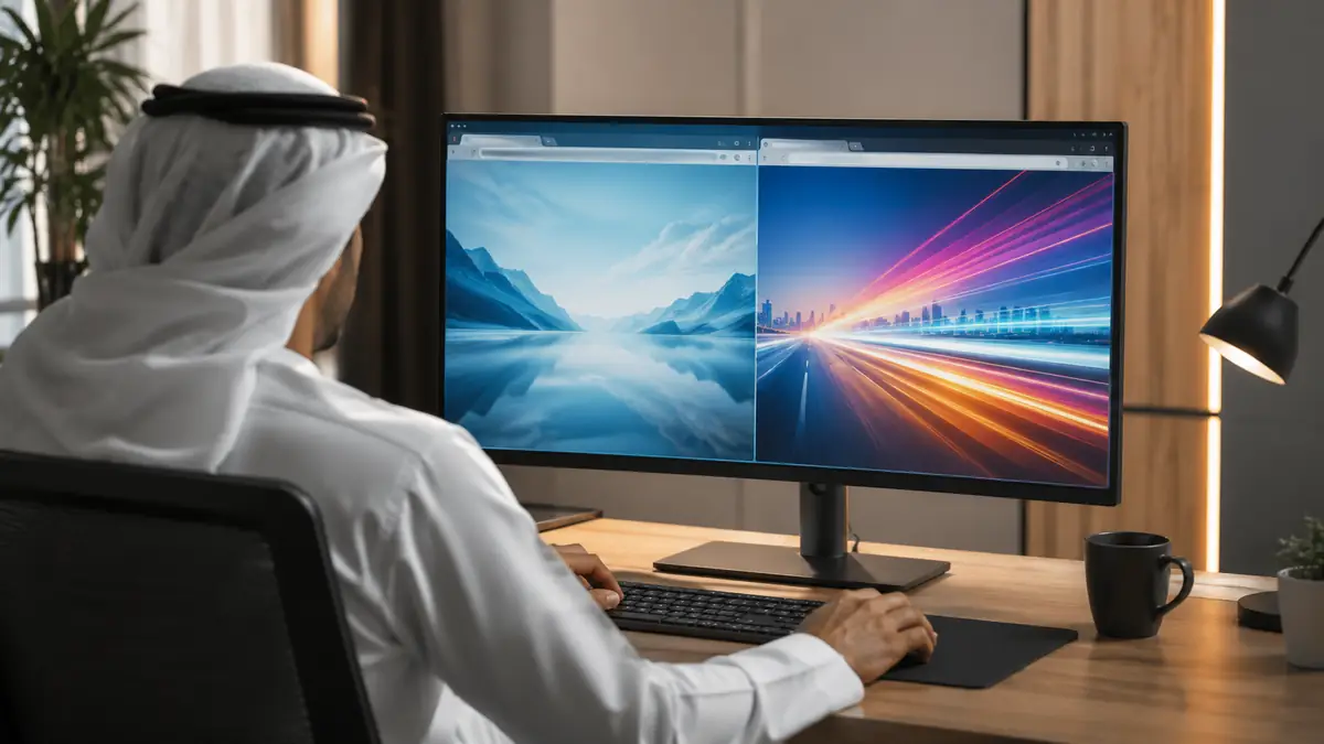 رجل يجلس من الخلف أمام شاشة منقسمة تعرض مشهدين مختلفين لتوضيح مقارنة كروم وإيدج في الأداء والأمان