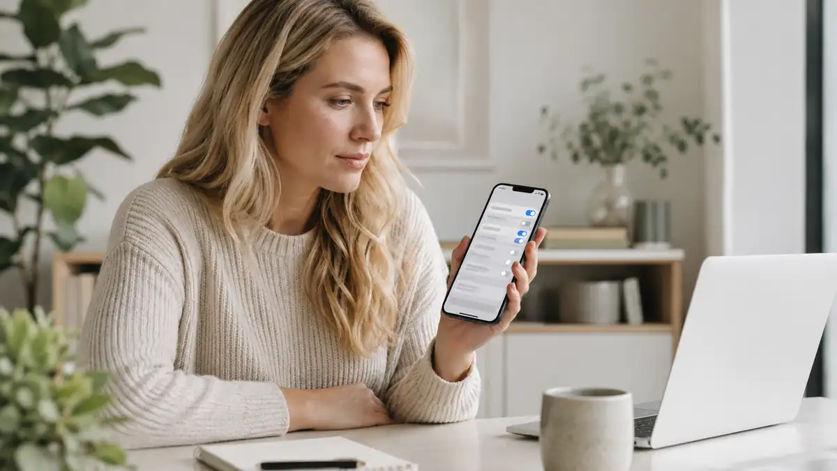 امرأة شقراء تحمل هاتفًا يعرض إعدادات التحكم بالتطبيقات بجانب حاسوب محمول لمنع التطبيقات من العمل في الخلفية