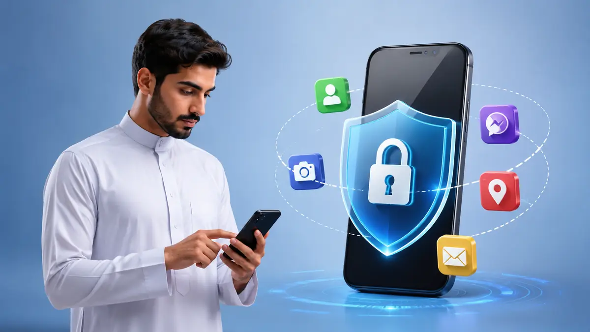 رجل يستخدم هاتفًا بجوار شاشة كبيرة محمية بدرع وقفل رقمي، في مشهد يوضح منع التطبيقات من الوصول إلى حسابك