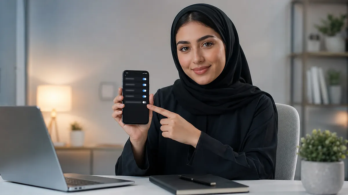 امرأة تمسك هاتفًا وتعرض شاشة إعدادات مع تعطيل أحد المفاتيح، في مشهد يوضح منع تحديث التطبيقات تلقائيًا