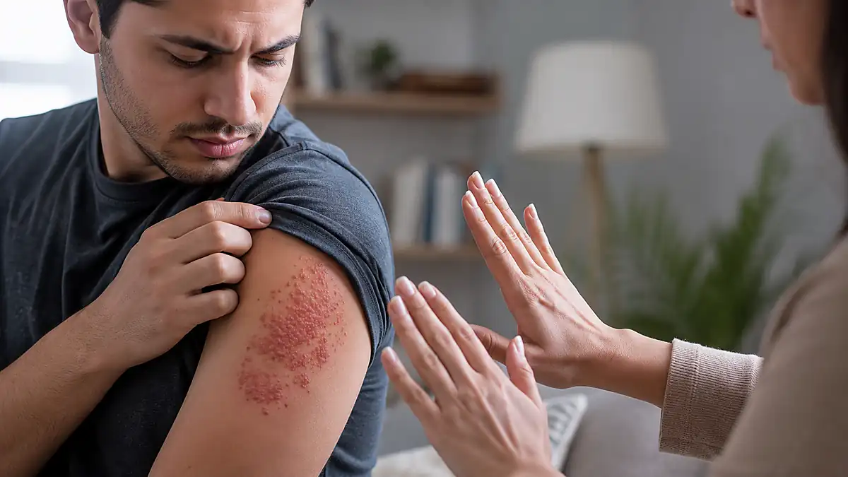 رجل يتفحص طفحًا جلديًا أحمر على أعلى ذراعه بينما تشير امرأة إلى تجنب ملامسته بسبب الحزام الناري