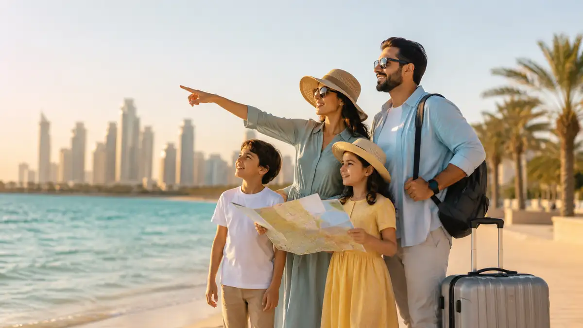 عائلة تقف قرب البحر مع حقيبة وخريطة أمام أفق حضري هادئ، لاختيار وجهة سياحية مناسبة للعائلة