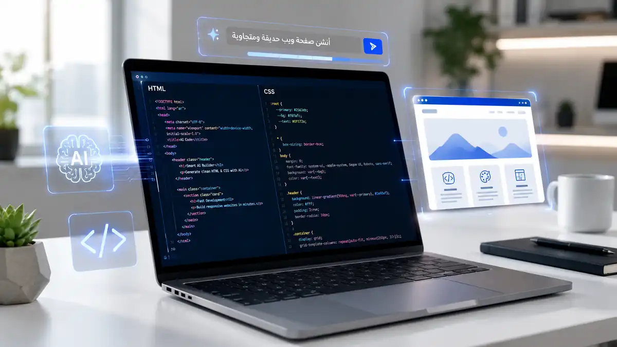 حاسوب يعرض كود HTML وCSS بجوار واجهة ذكاء اصطناعي ومعاينة موقع، في مشهد يرمز إلى إنشاء الأكواد بالذكاء الاصطناعي