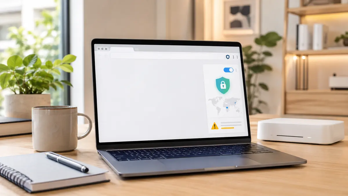 حاسوب محمول يعرض واجهة متصفح مع درع وقفل وتنبيه أمني، في مشهد يوضح أمان إضافات VPN داخل المتصفح