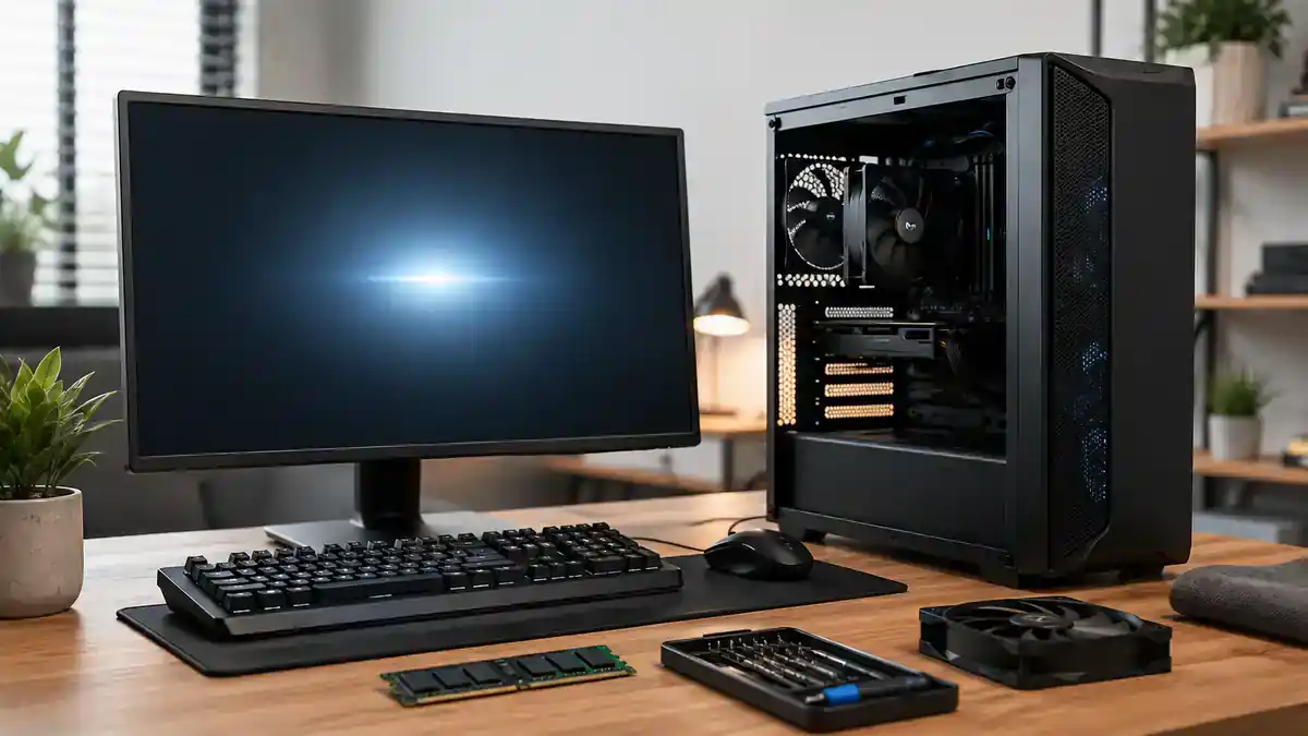 حاسوب مكتبي مفتوح بجانب شاشة أثناء بدء التشغيل مع ذاكرة RAM ومروحة وأدوات فحص، لتشخيص إعادة تشغيل الكمبيوتر.