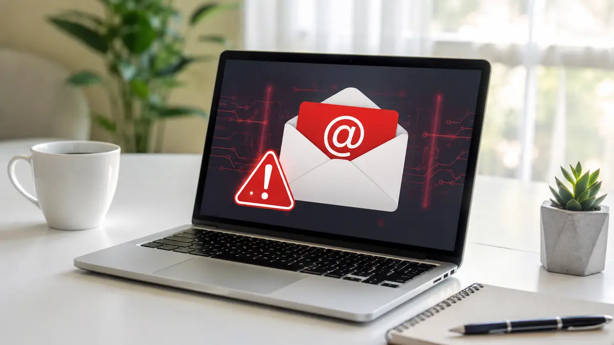 لابتوب على مكتب أبيض تعرض شاشته تنبيهًا بصريًا لرسالة بريد مشبوهة ضمن مشهد يوضح اختراق البريد الإلكتروني