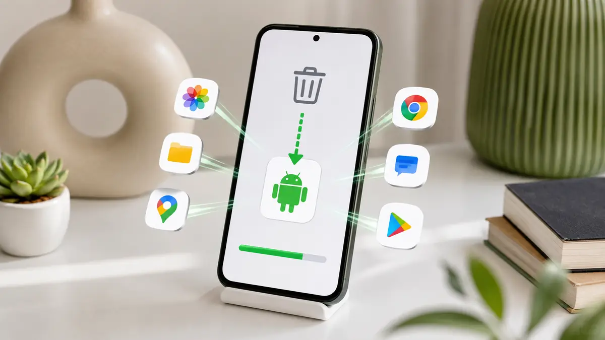 هاتف أندرويد يعرض رمز استعادة مع أيقونات تطبيقات حول الشاشة في مشهد تقني مشرق يوضح استعادة تطبيق محذوف