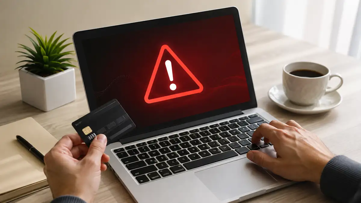 بطاقة دفع بيد أمام حاسوب محمول يعرض تحذيراً أحمر على مكتب منظم، في مشهد يوضح صفحة مشبوهة
