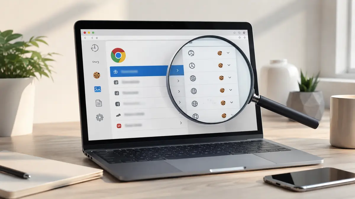 حاسوب محمول يعرض إعدادات بيانات المواقع مع عدسة تكبر رموز ملفات الارتباط، لتوضيح بيانات المواقع في المتصفح