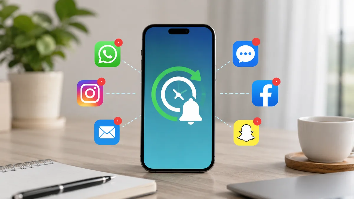 هاتف على مكتب مشرق تحيط به أيقونات تطبيقات وتنبيهات متأخرة، في مشهد يوضح مشكلة تأخر إشعارات واتساب