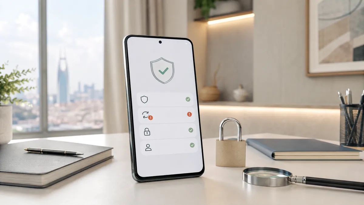 هاتف ذكي على مكتب مضيء تظهر على شاشته رموز للحماية والتنبيه بجانب قفل وعدسة مكبرة، في إشارة إلى تحديثات الأمان.