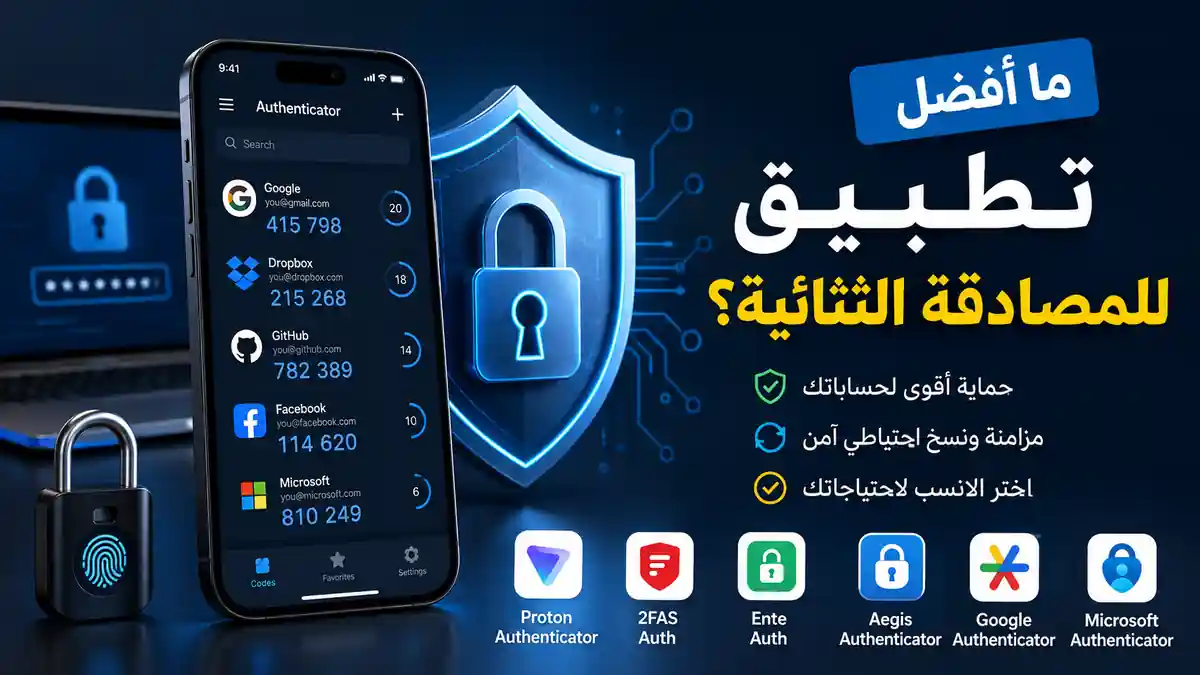 هاتف يعرض رموز تحقق مؤقتة بجانب درع أمان رقمي وقفل، في مشهد تقني يرمز إلى تطبيق المصادقة الثنائية