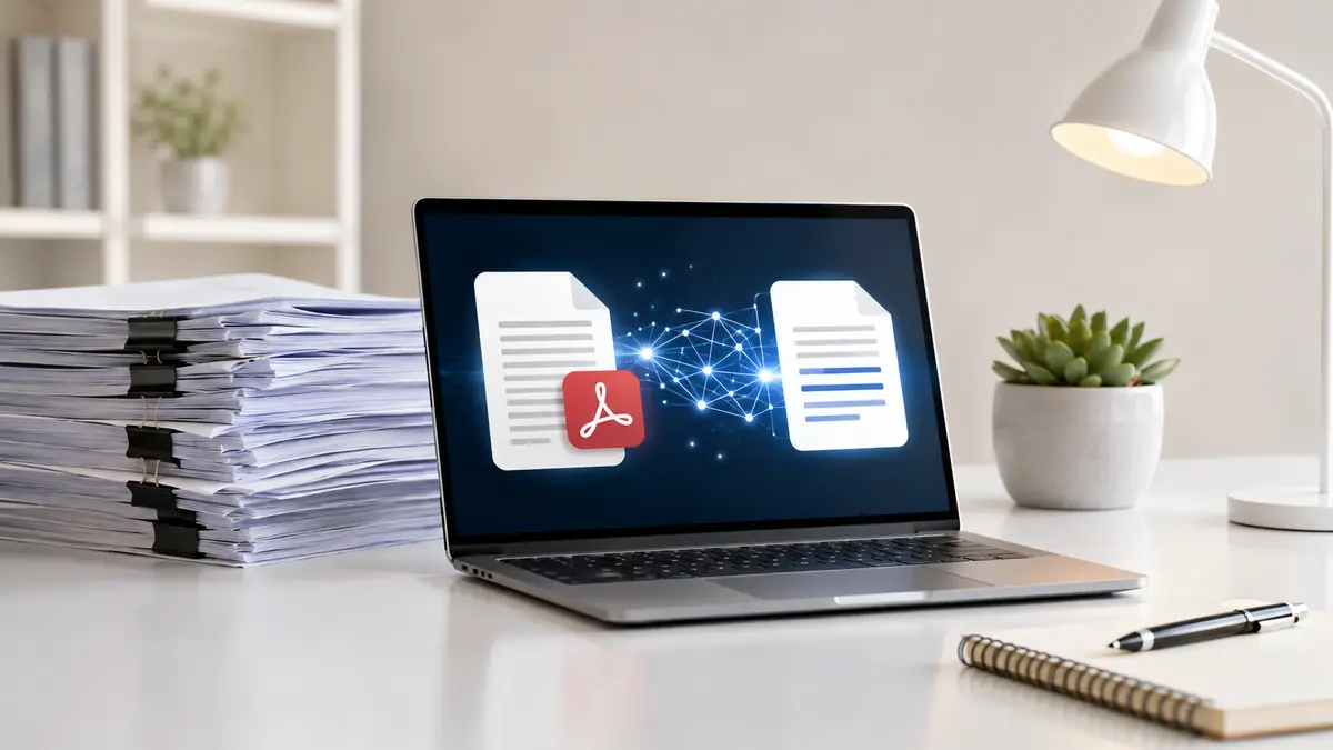 حاسوب محمول بجانب رزمة مستندات يعرض معالجة ملف رقمي وتحويله إلى ملخص منظم باستخدام الذكاء الاصطناعي لتلخيص PDF