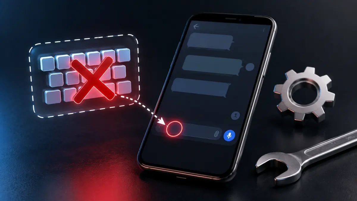 هاتف يعرض تطبيق مراسلة بلا لوحة مفاتيح مع رمز تعطّل وأدوات إصلاح، في مشهد يوضح مشكلة اختفاء لوحة المفاتيح.