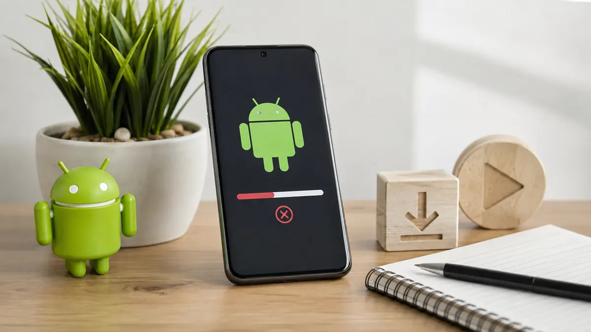 هاتف أندرويد على مكتب يظهر تعثر عملية تثبيت تطبيق مع رمز خطأ، في مشهد يوضح مشكلة رفض الهاتف تثبيت التطبيقات
