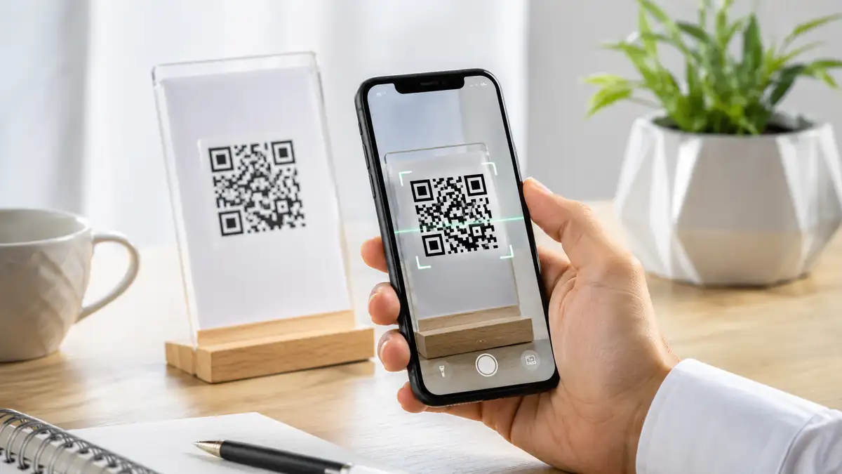 هاتف يمسح رمز QR على حامل مكتبي ضمن مشهد مضيء يوضح التحقق من الرابط قبل فتح رمز QR