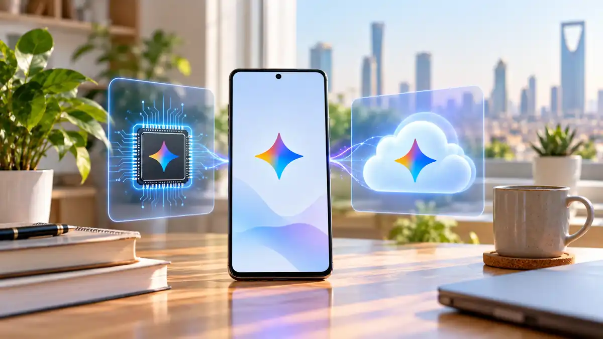 هاتف ذكي بين شريحة معالجة وسحابة مضيئة على مكتب مشرق، لتوضيح تشغيل Gemini محليًا أو عبر السحابة