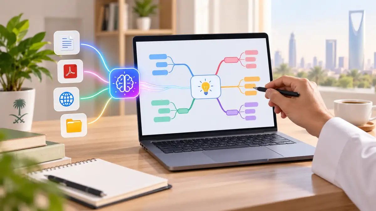 حاسوب يعرض خريطة ذهنية ملونة متفرعة من فكرة مركزية مع مصادر رقمية، لتوضيح أدوات إنشاء الخرائط الذهنية بالذكاء الاصطناعي