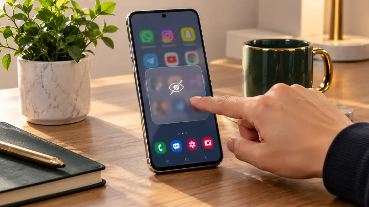 هاتف ذكي على مكتب مضيء تظهر على شاشته تطبيقات مخفية أثناء لمسها باليد، في مشهد يوضح إخفاء التطبيقات الحساسة بأمان