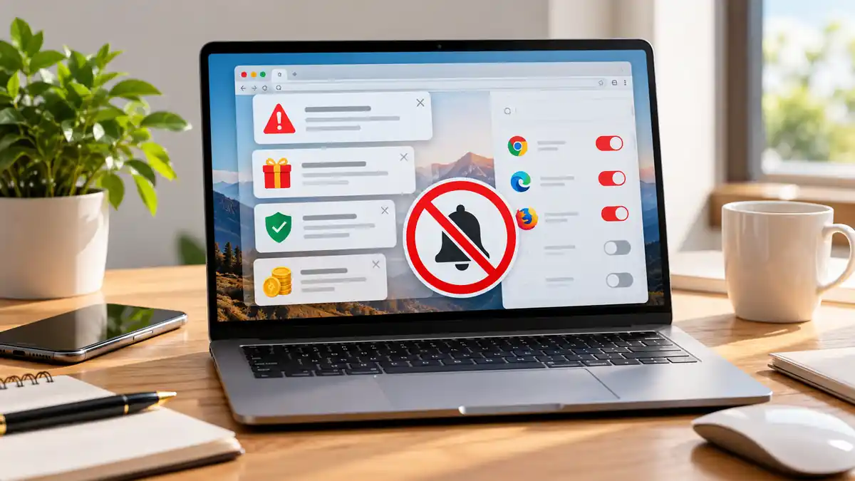حاسوب محمول يعرض تنبيهات مشبوهة وإعدادات لحظرها داخل المتصفح، في مشهد مكتبي مشرق يوضح إشعارات المتصفح الاحتيالية.