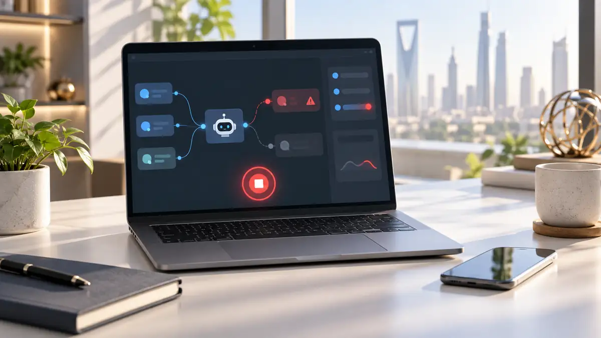 حاسوب محمول يعرض وكيلًا رقميًا مع إشارة توقف حمراء ضمن مساحة عمل حديثة، في مشهد يوضح إيقاف وكيل الذكاء الاصطناعي.
