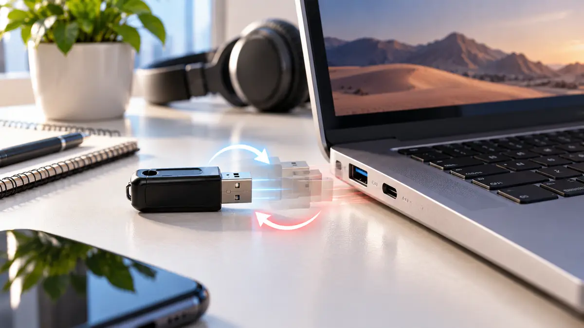 ذاكرة USB أمام منفذ حاسوب محمول مع مؤشرات بصرية توضح الانقطاع وإعادة الاتصال المتكرر لجهاز USB.