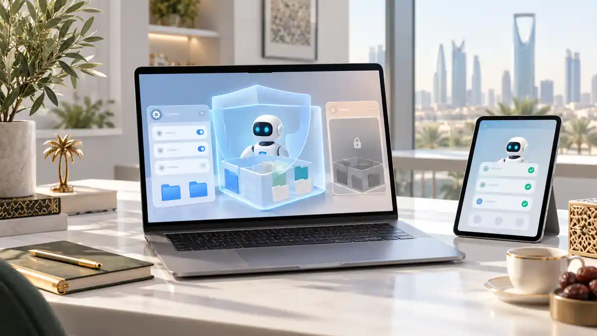 حاسوب محمول يعرض وكيلاً رقمياً داخل بيئة محمية مع إعدادات وصلاحيات واضحة لاختبار وكيل ذكاء اصطناعي بأمان.