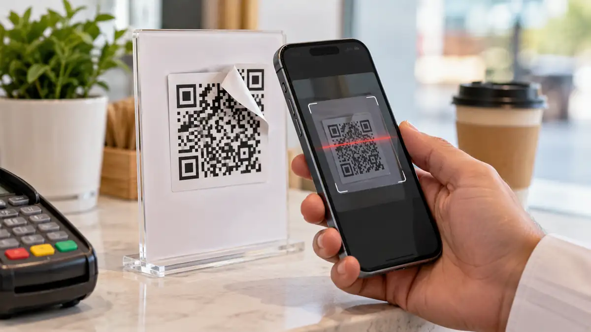 هاتف يمسح رمز QR ملصقًا فوق رمز دفع على حامل بجوار جهاز دفع، في مشهد يوضح خطر طلب دفع مزيف عبر رمز QR