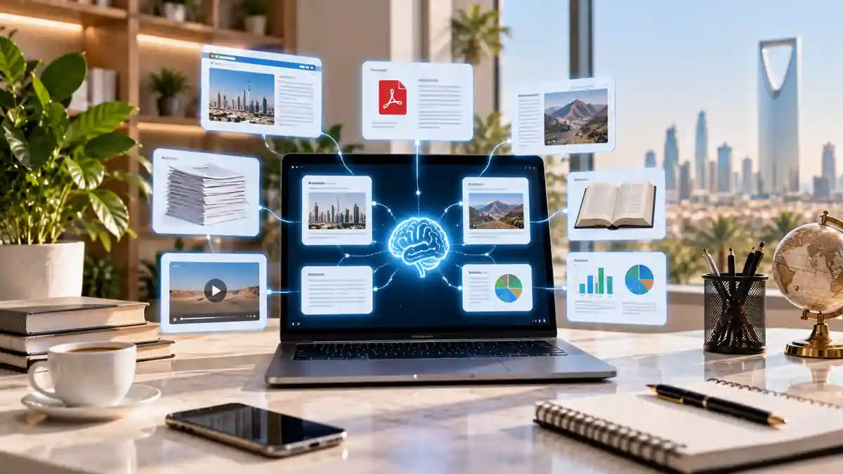 حاسوب يعرض شبكة تربط مستندات وتقارير وخرائط ورسومًا بيانية ضمن البحث بالذكاء الاصطناعي في عدة مصادر