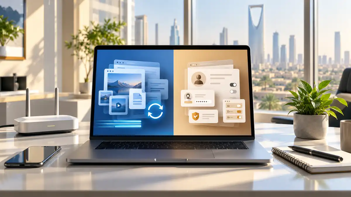 حاسوب يعرض ملفات مؤقتة باللون الأزرق وبيانات جلسة وتفضيلات باللون البرتقالي لشرح الفرق بين الكاش والكوكيز
