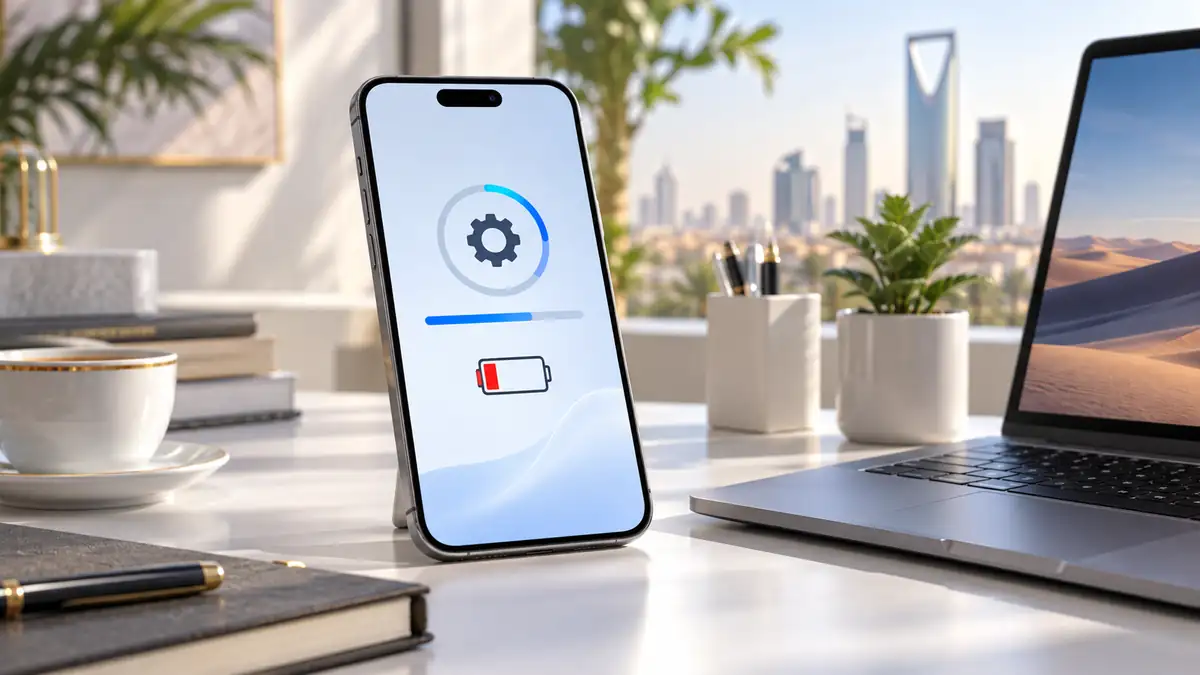 هاتف على مكتب مشرق يعرض رمز تحديث النظام مع مؤشر بطارية منخفض يوضح تأثير تحديثات النظام على البطارية.