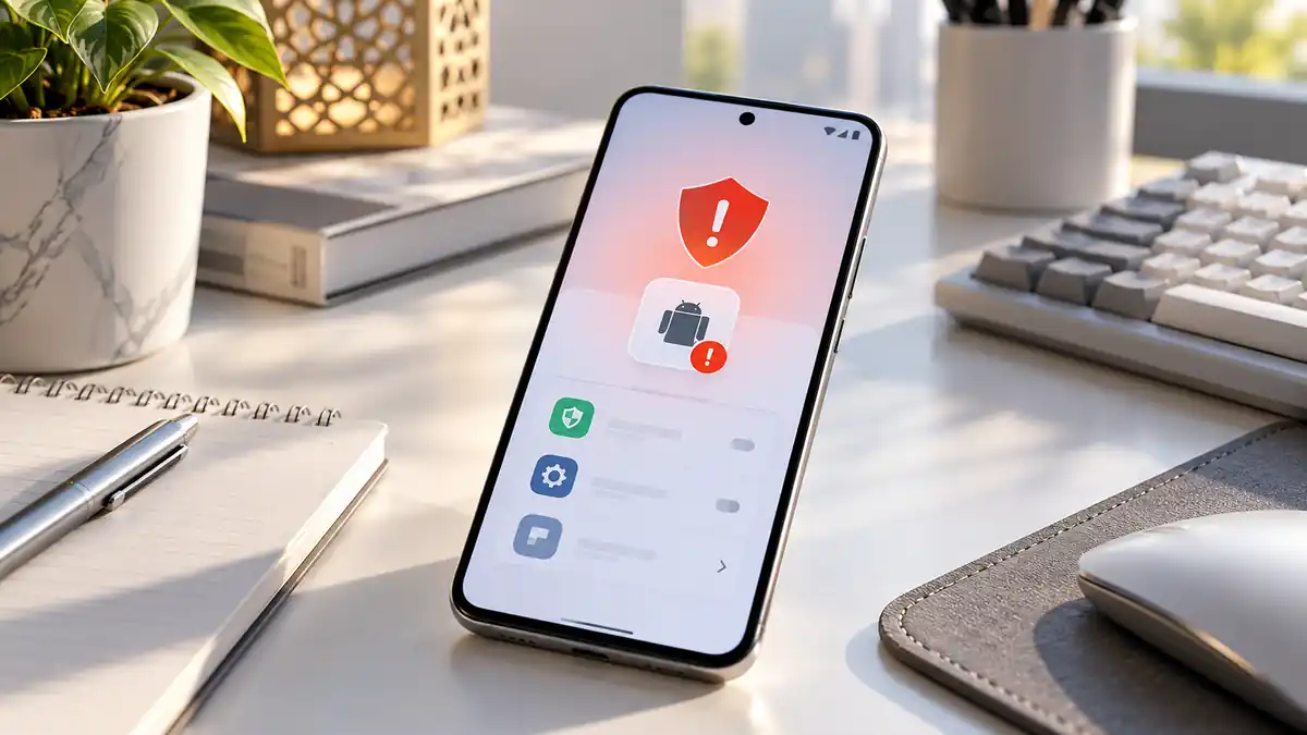 هاتف Android على مكتب حديث يعرض تنبيهًا أمنيًا لتطبيق غير موثوق مع رموز حماية وتحذير من سلوك تطبيق مشبوه